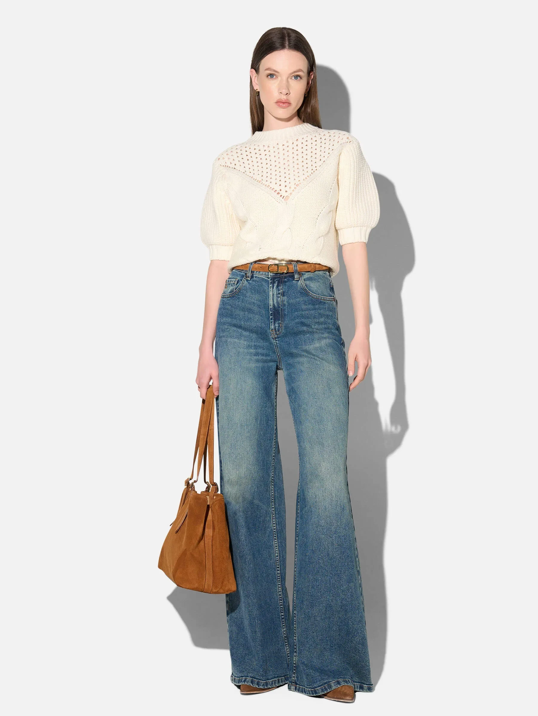 Merino Wollen Kabel Trui Pof Mouw Nexo Off White